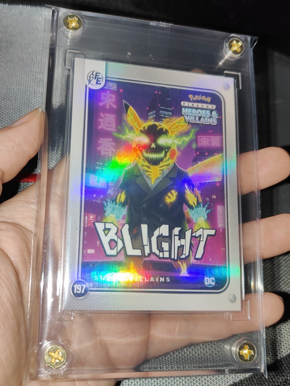 Blight Pikachu holo encased Heroes & Villians DC Comics card Unofficial Pokemon